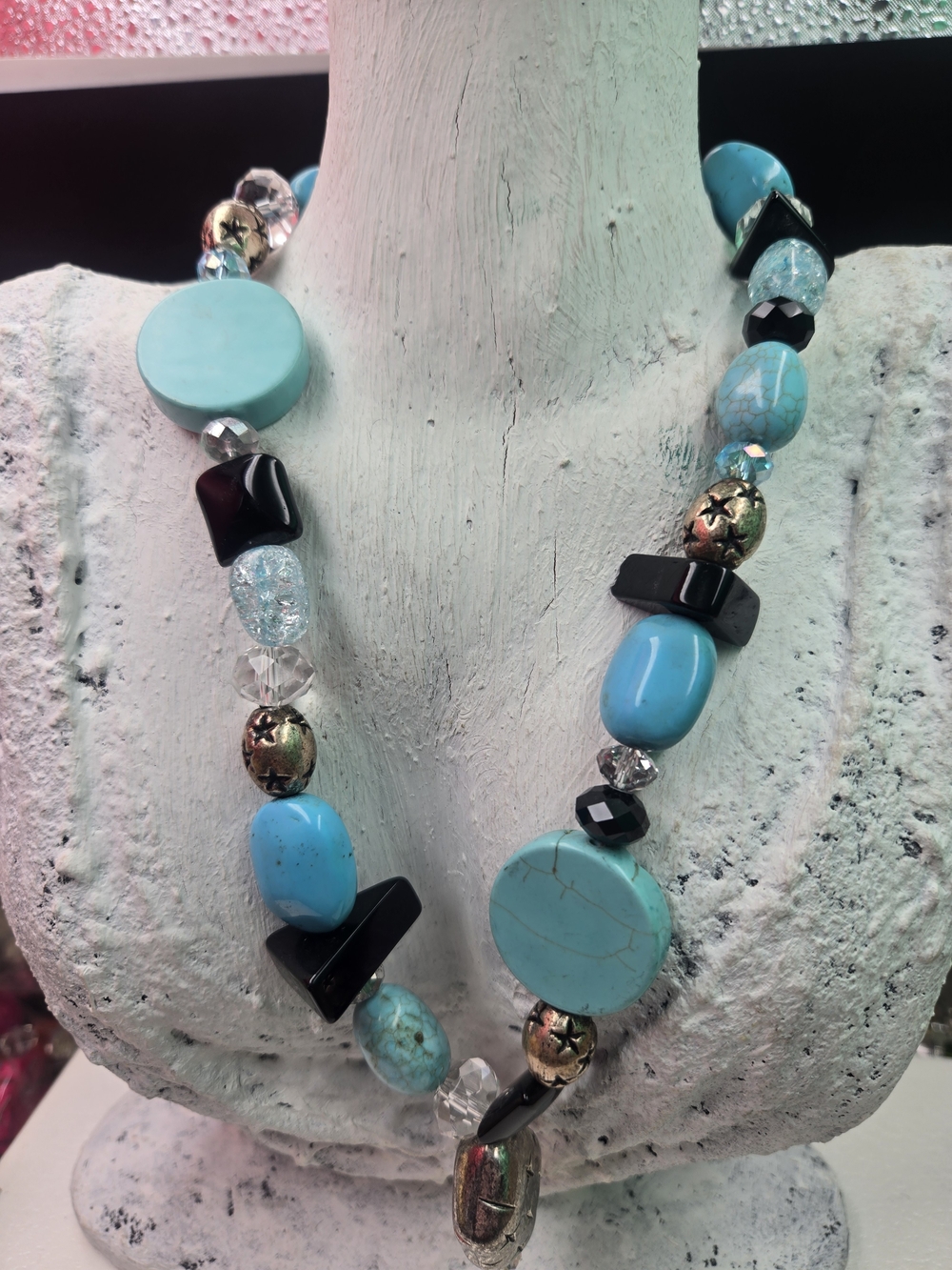 Turquoise & Black Beaded Statement Necklace by